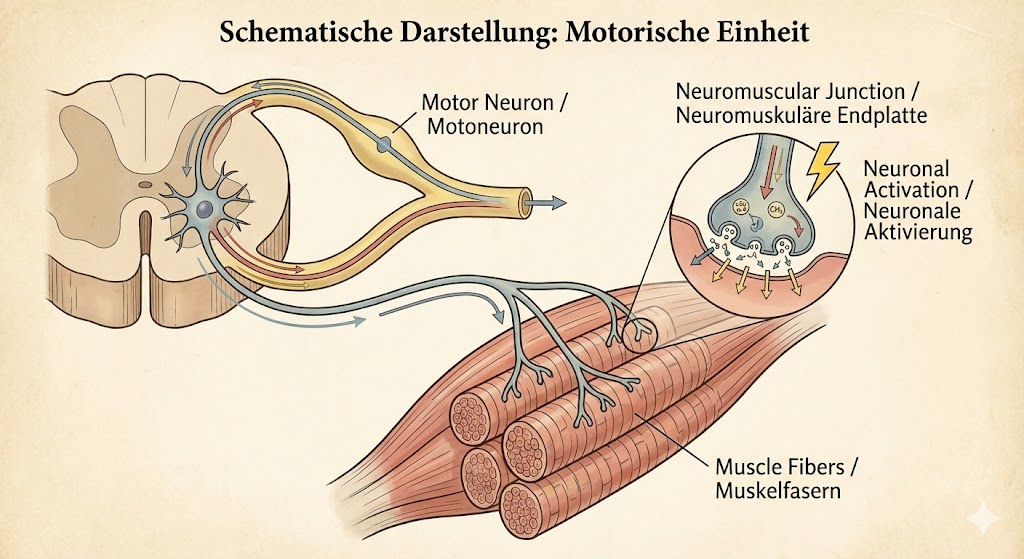 Schematische Darstellung Nervensystem und Muskel, motorische Einheit, neuronale Aktivierung, medizinische Illustration