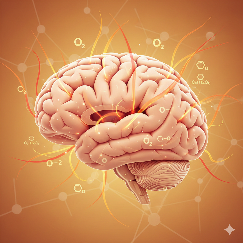 Realistische Illustration eines menschlichen Gehirns mit hervorgehobenen Energieflüssen, Glukose- und Sauerstoffsymbolen, warme Farben, medizinisch-wissenschaftlicher Stil
