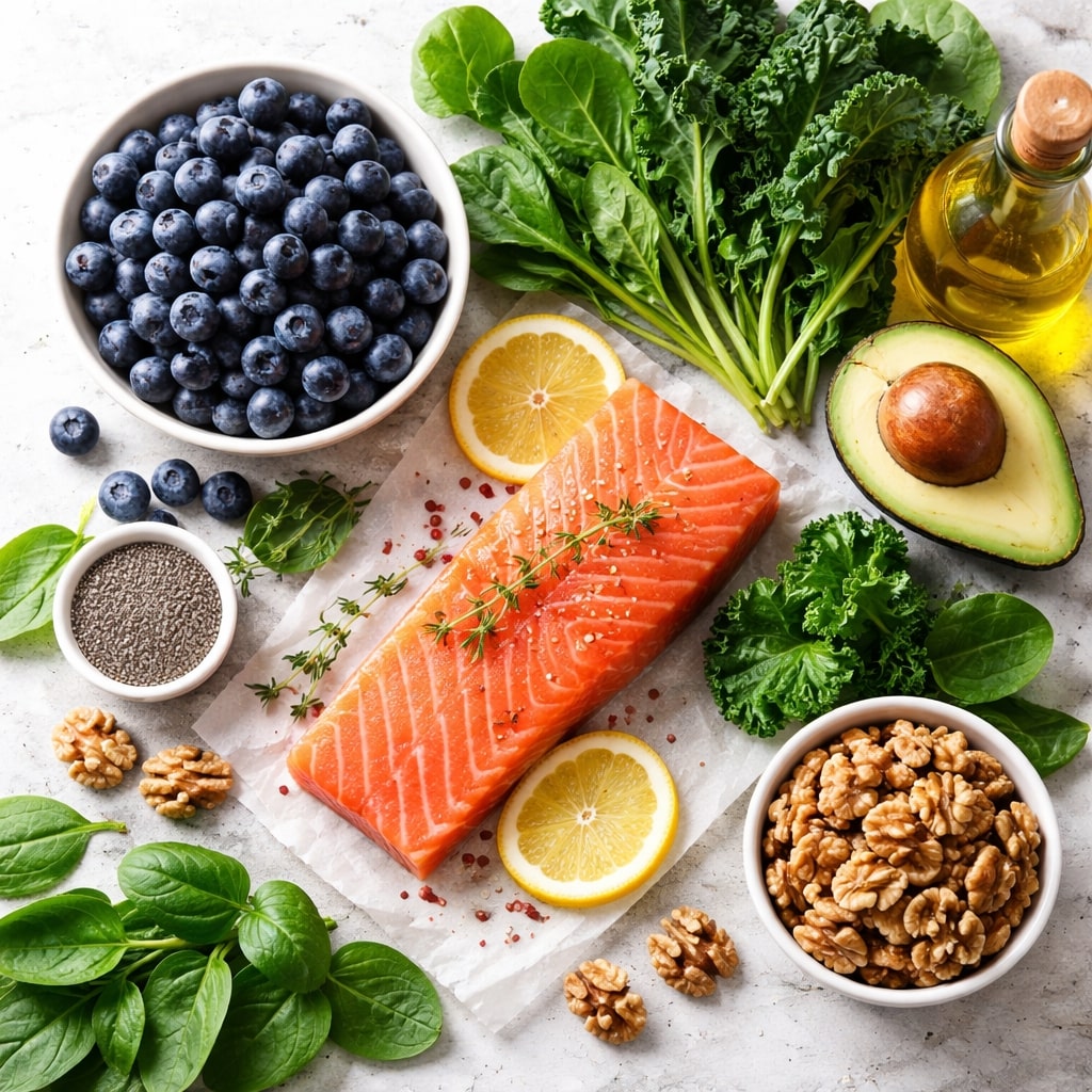 Hochwertige Food-Fotografie mit Blaubeeren, grünem Blattgemüse, Walnüssen und Lachs auf hellem Hintergrund, gesundheitsorientierter Stil