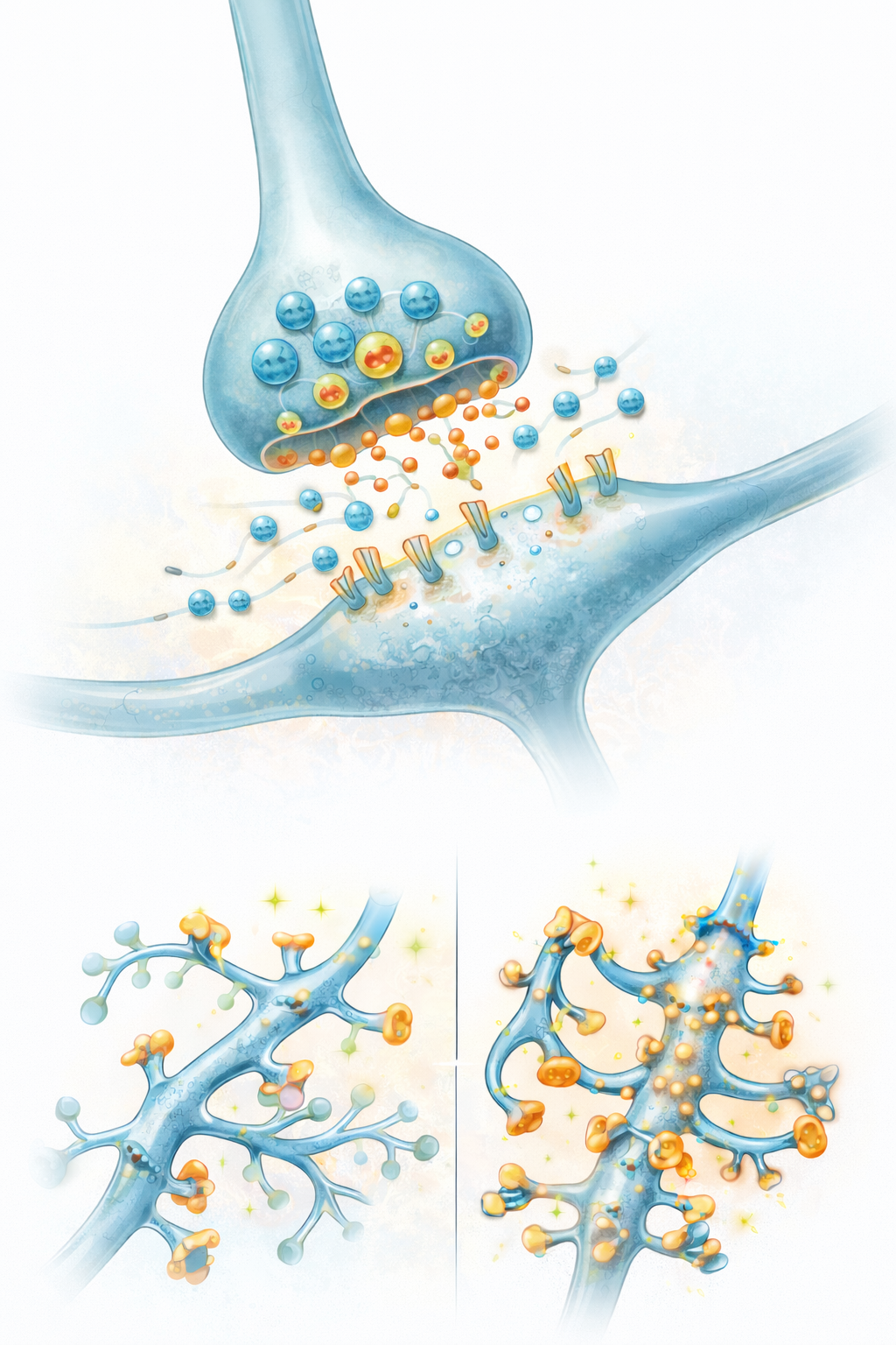 Schematische Darstellung einer Synapse mit BDNF-Molekülen, wachsenden Dendriten und neuronaler Plastizität, didaktische medizinische Illustration