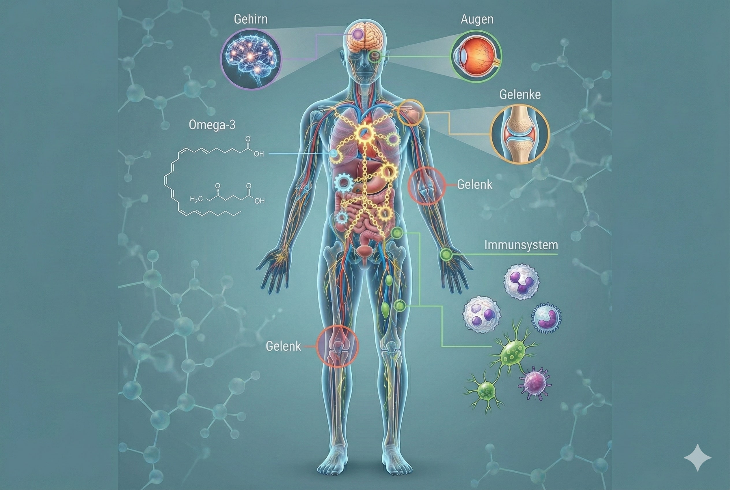 Ganzkörperdarstellung Mensch mit markiertem Gehirn, Augen, Gelenken und Immunsystem, Omega-3-Fettsäuren als verbindendes Regulationsnetz, medizinisch-wissenschaftlicher Illustrationsstil