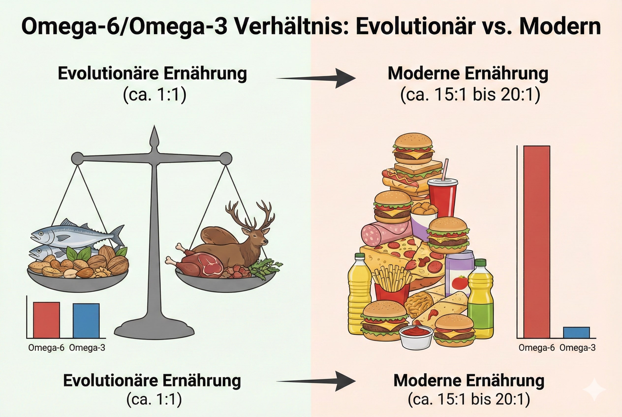 Vergleichsgrafik Omega-6/Omega-3-Verhältnis evolutionär vs. moderne Ernährung