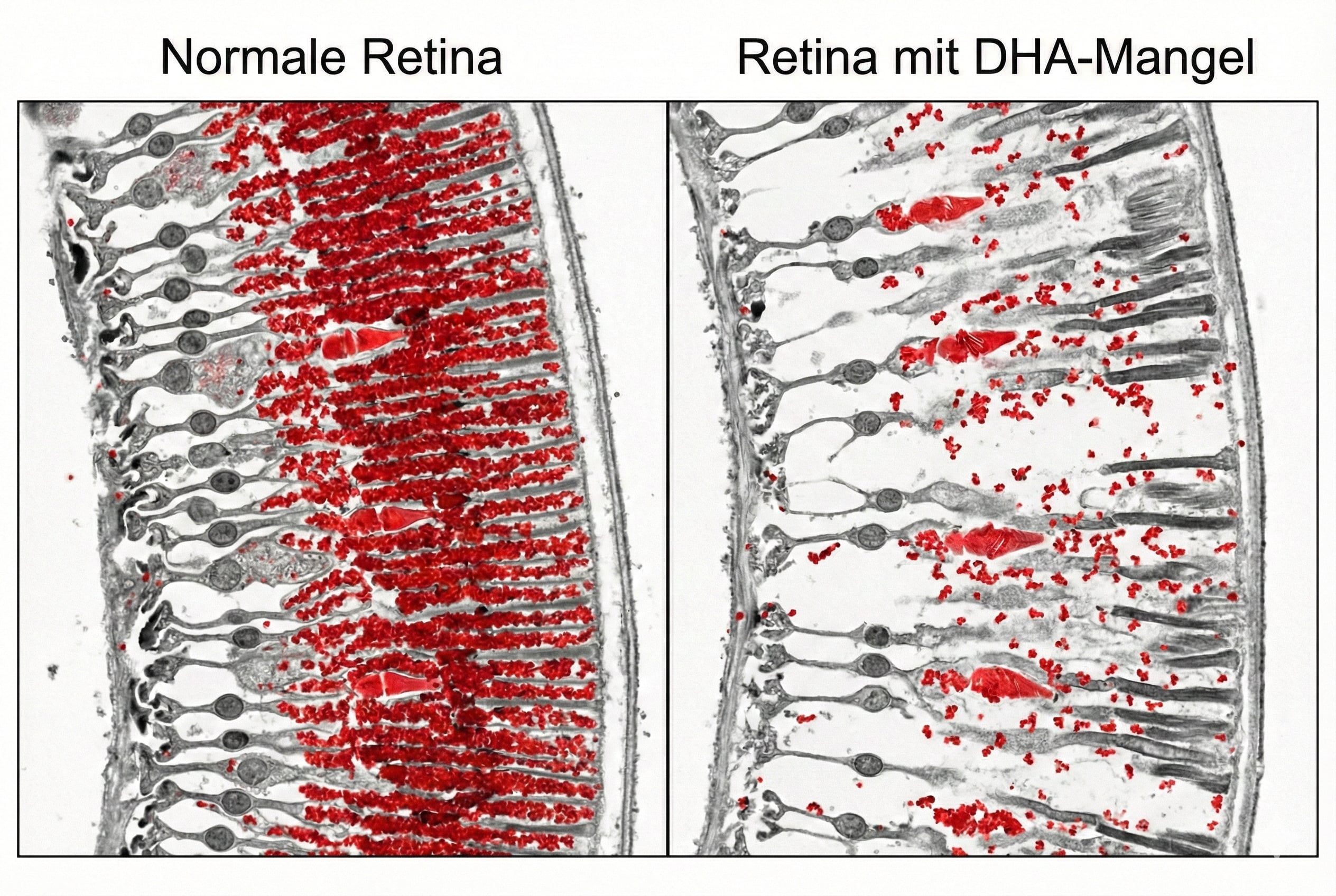 Darstellung einer Retina mit reduzierter DHA-Dichte, Vergleich normal vs. Mangel