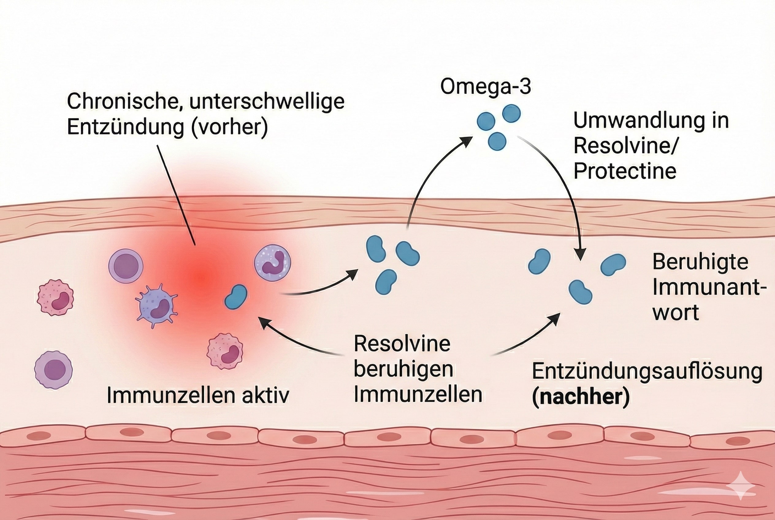 Schematische Darstellung einer unterschwelligen Entzündung mit Omega-3 als regulierendem Gegenspieler