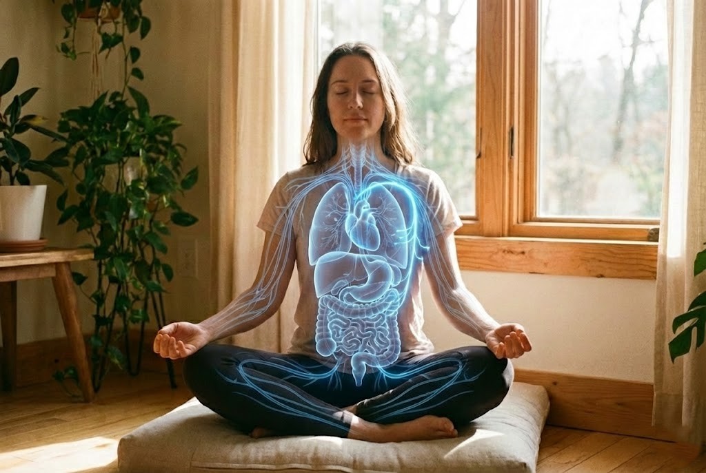 Ruhige Szene mit Mensch in entspannter Sitzposition, sanftes Licht, Nervensystem als schematische Überlagerung, Parasympathikus hervorgehoben