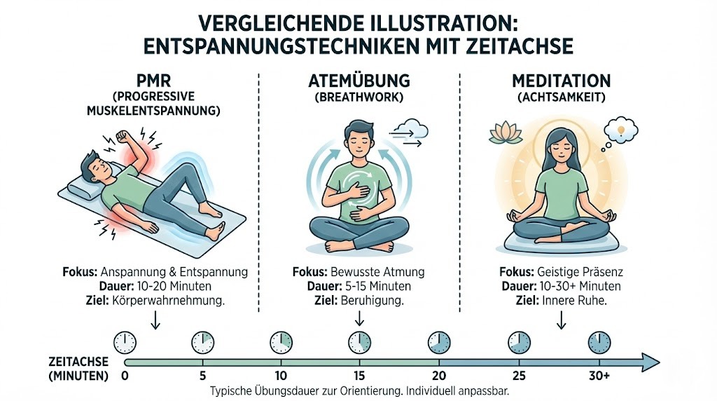 Vergleichende Illustration von PMR, Atemübung und Meditation mit Zeitachse