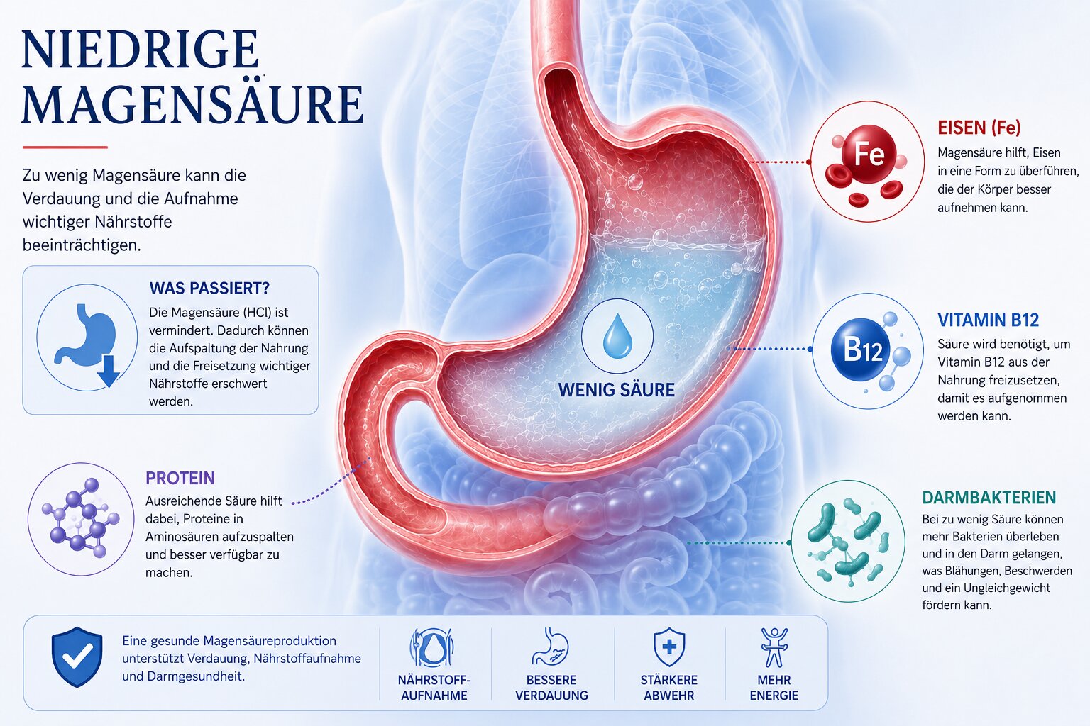 Medizinische Illustration eines Magens mit reduziertem Säurespiegel, halbtransparente Anatomie, sanfte Blau- und Rottöne, kleine Symbole für Protein, Eisen, Vitamin B12 und Darmbakterien, seriöser moderner Gesundheitsblog-Stil