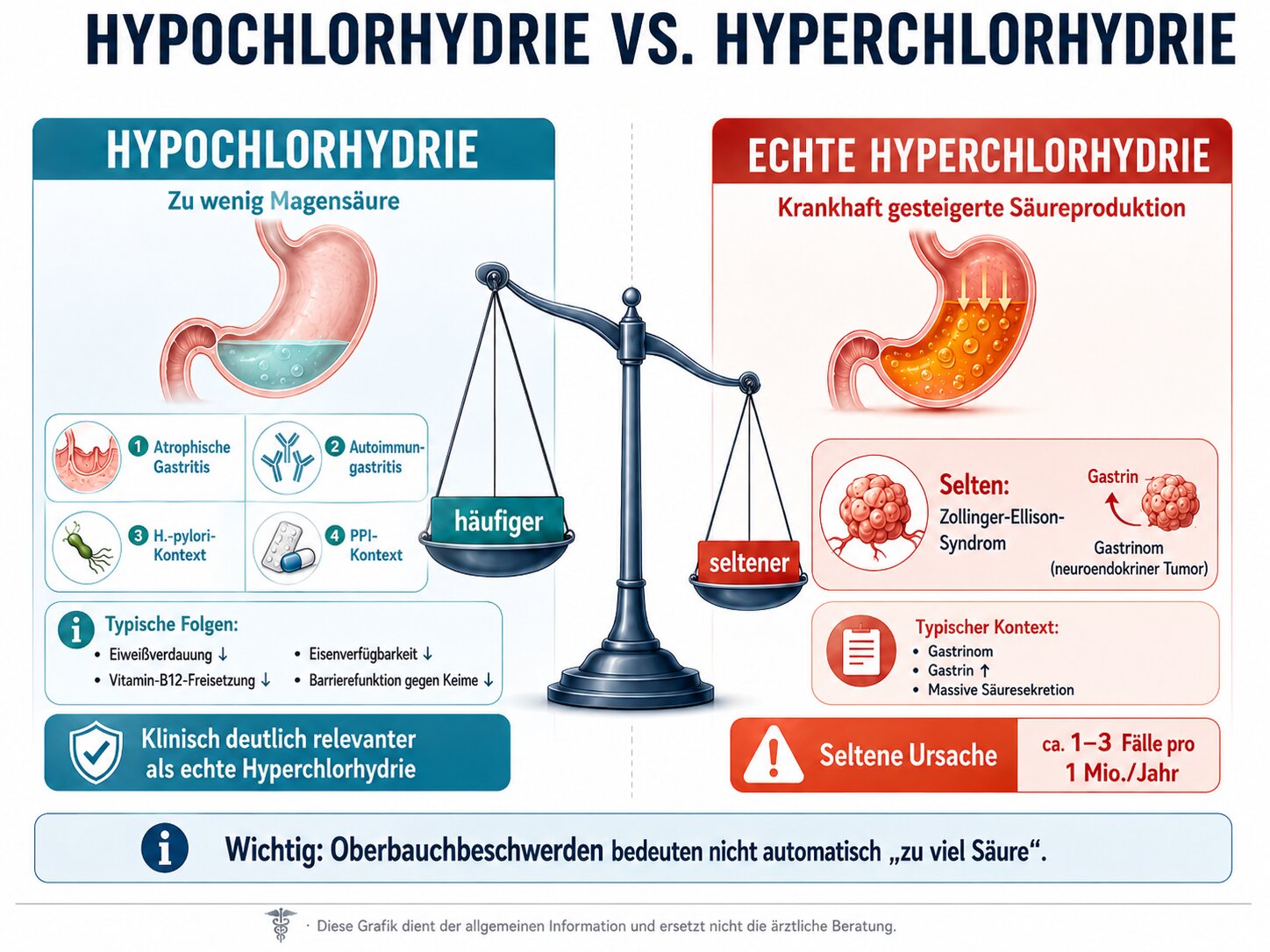 Vergleichende Infografik mit zwei Seiten: links Hypochlorhydrie mit atrophischer Gastritis, Autoimmungastritis, H.-pylori und PPI-Kontext; rechts echte Hyperchlorhydrie mit seltenem Zollinger-Ellison-Syndrom, Waage als zentrales Symbol, seriöser medizinischer Ratgeberstil