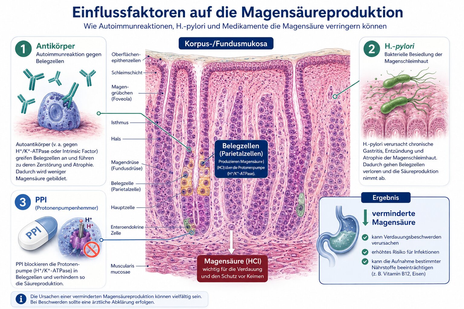 Moderne medizinische Illustration einer Magenschleimhaut mit Belegzellen, Antikörper-Symbolen, H.-pylori-Bakterien und PPI-Tablette als mögliche Einflussfaktoren auf Magensäure, klar beschriftet, hochwertiger Ratgeberstil