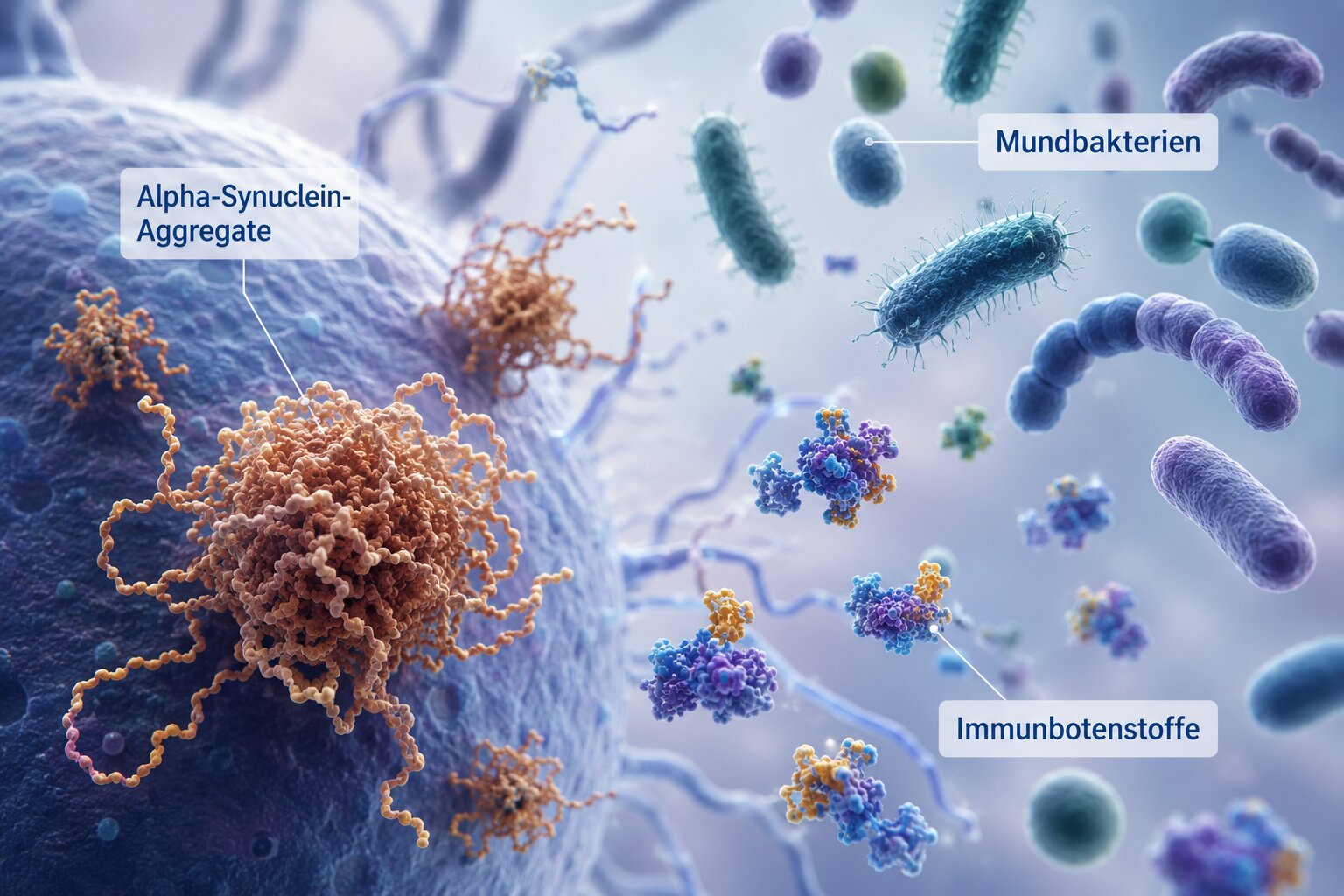 Nahaufnahme einer wissenschaftlichen 3D-Grafik mit Alpha-Synuclein-Proteinaggregaten, daneben stilisierte Bakterien aus der Mundhöhle und Immunbotenstoffe, keine Schockdarstellung, hochwertiger medizinischer Look