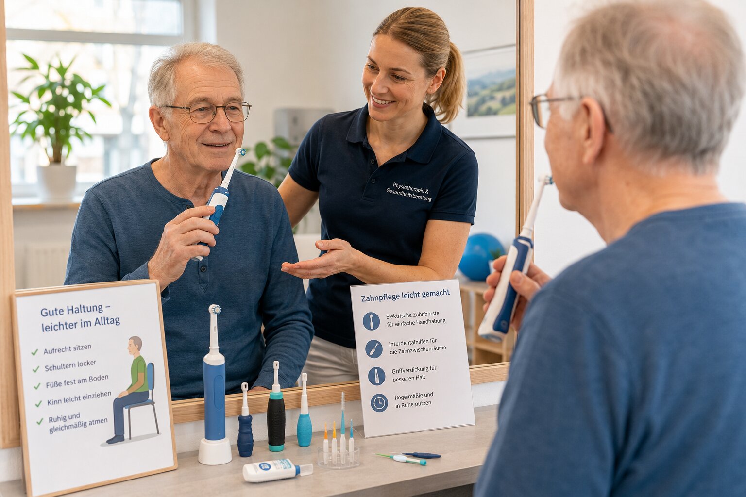 Freundliche Szene in einer modernen Physiotherapie- oder Gesundheitsberatung, ältere Person mit Parkinson erhält Anleitung zu Zahnpflegehilfen und Haltung vor dem Spiegel, empathisch, hell, professionell